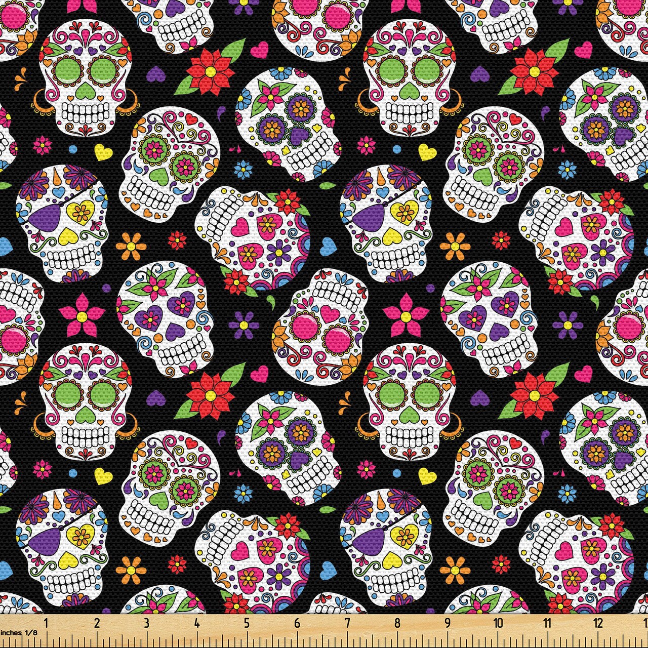 Ambesonne Sugar Skull Fabric by The Yard, All Souls Day Floral Colorful Sugar Skulls Flowers on Dark Background Print, Decorative Fabric for Upholstery and Home Accents, 2 Yards, Black Fuchsia